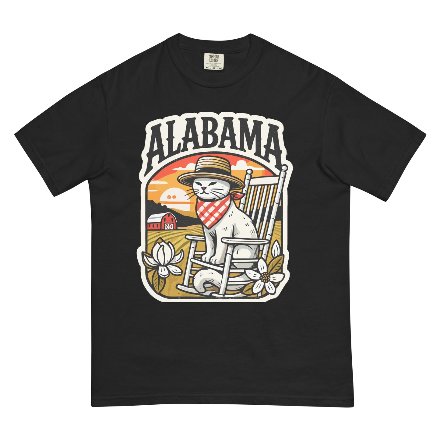 Black Alabama cat t-shirt featuring a cat in a hat sitting on a rocking chair with flowers and barn background
