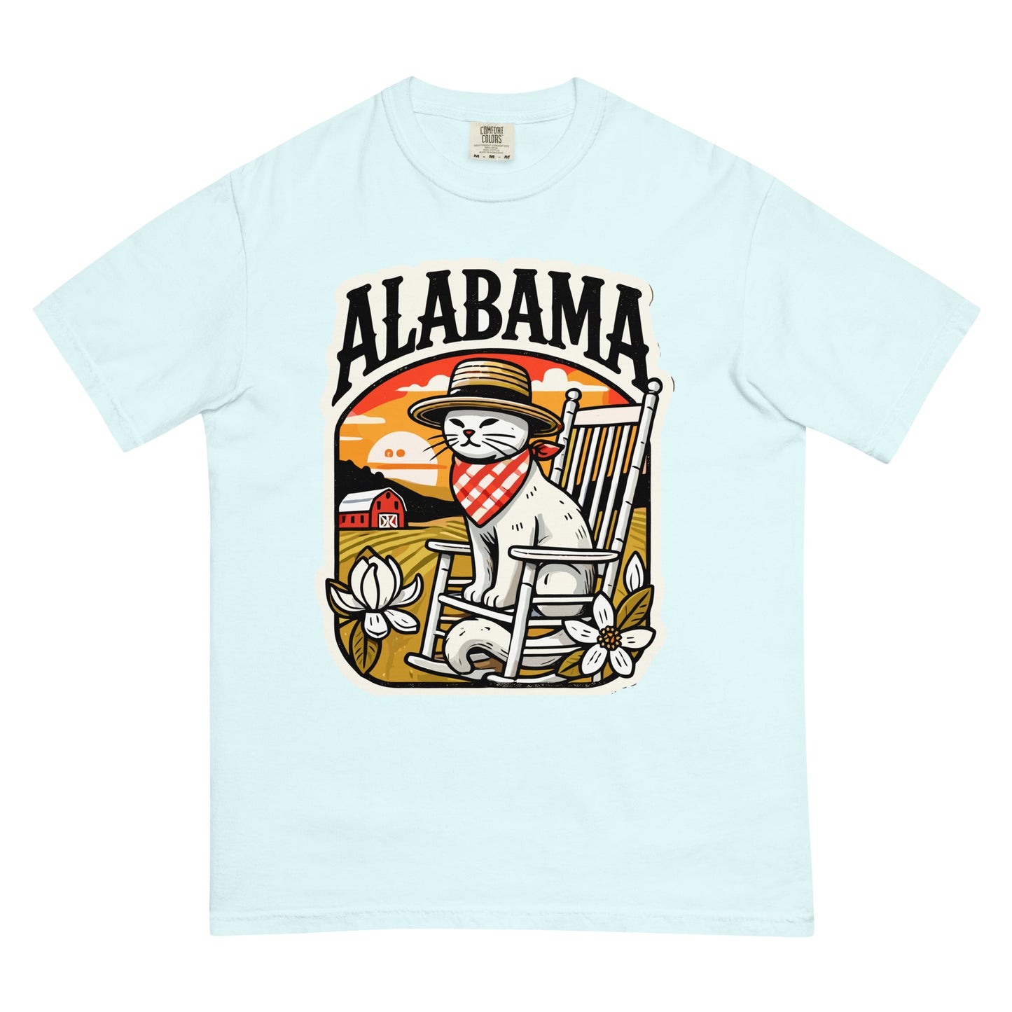 Light blue Alabama cat t-shirt featuring a cat in a hat and bandana sitting on a rocking chair with flowers and sunset