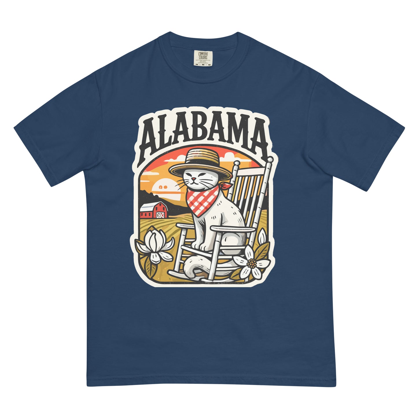 Navy Alabama cat t-shirt featuring a cat in a hat and bandana sitting in a rocking chair with floral and barn design
