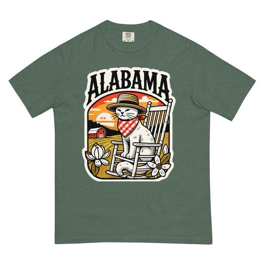 Green Alabama cat t-shirt with vintage cat wearing hat and bandana sitting on rocking chair