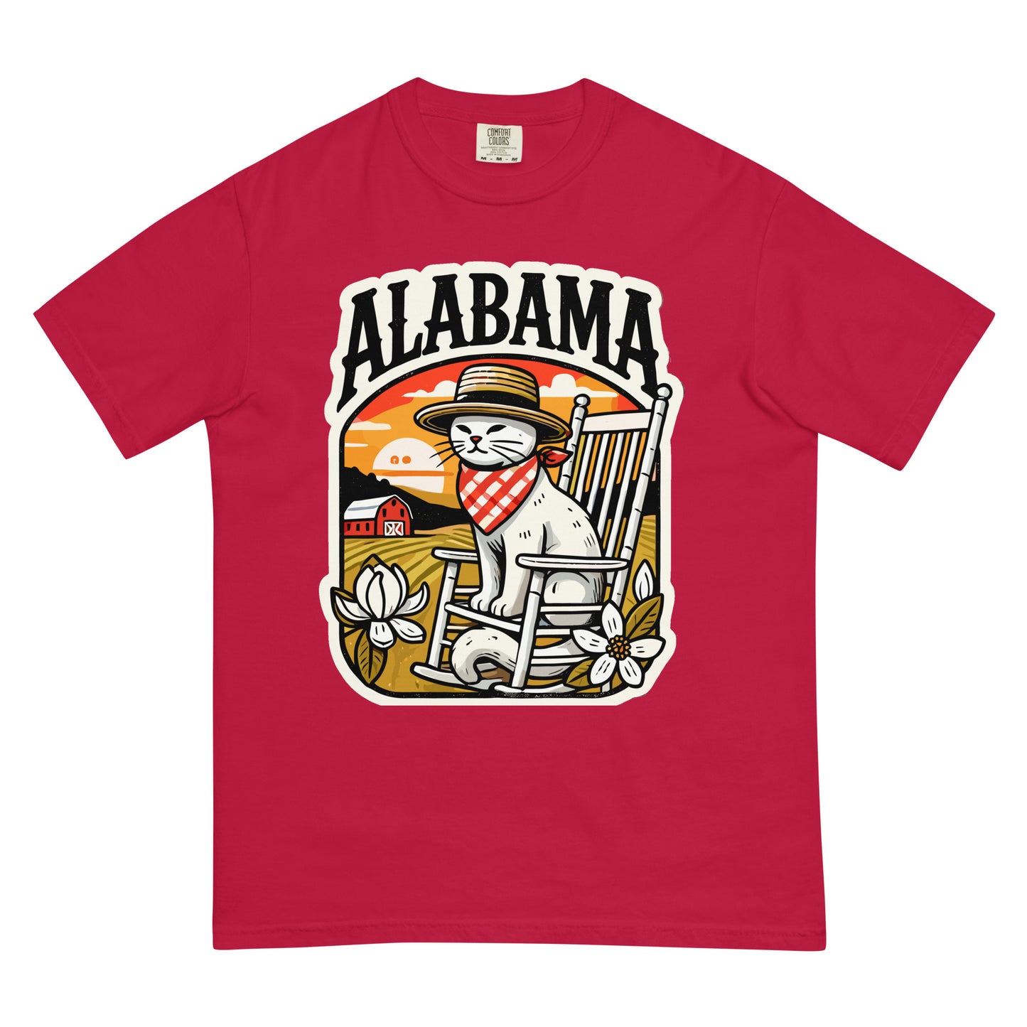 Red Alabama cat t-shirt featuring a cat in a hat and bandana sitting on a rocking chair with a sunset background