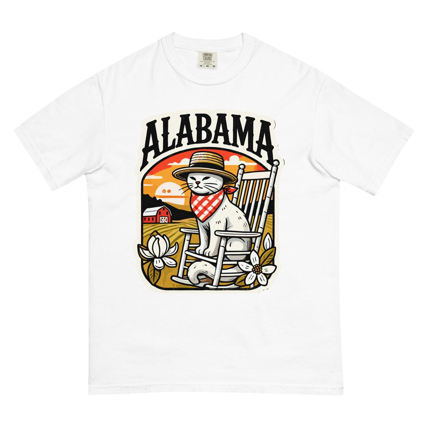 White Alabama cat t-shirt featuring a cat in a hat and bandana sitting on a rocking chair with flowers and a barn background