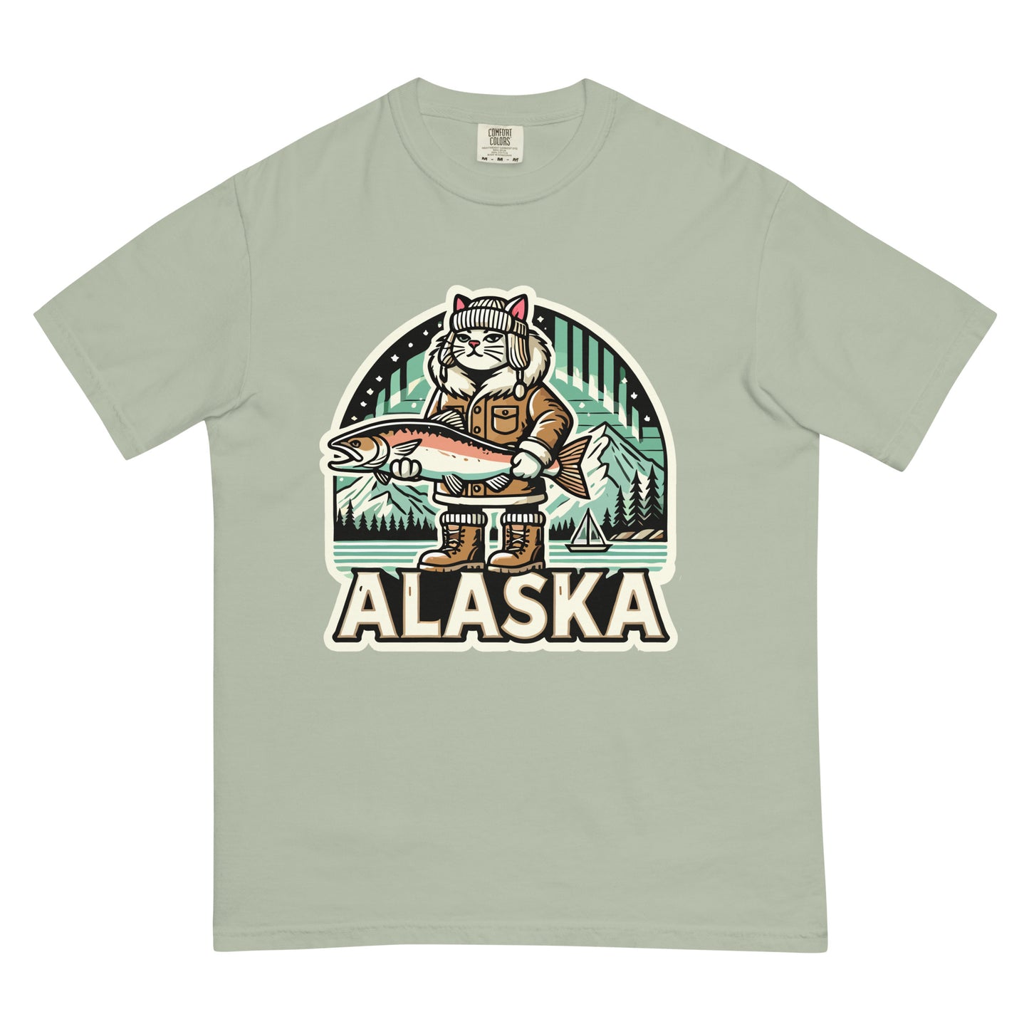 meowrica Alaska cat T-shirt featuring a cat in fishing gear holding a fish with Alaska scenery