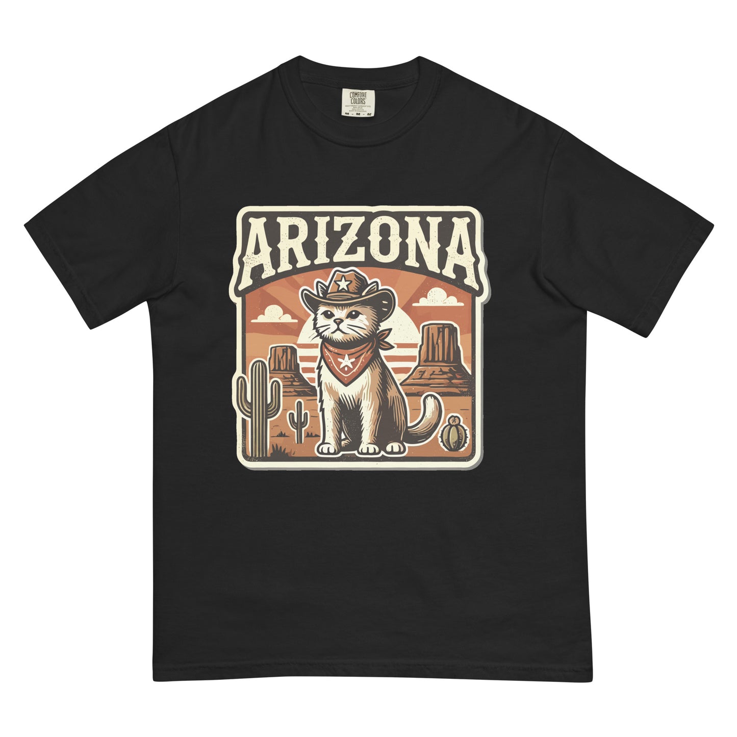 Black Arizona cat t-shirt featuring a cowboy cat with desert background and cactus design
