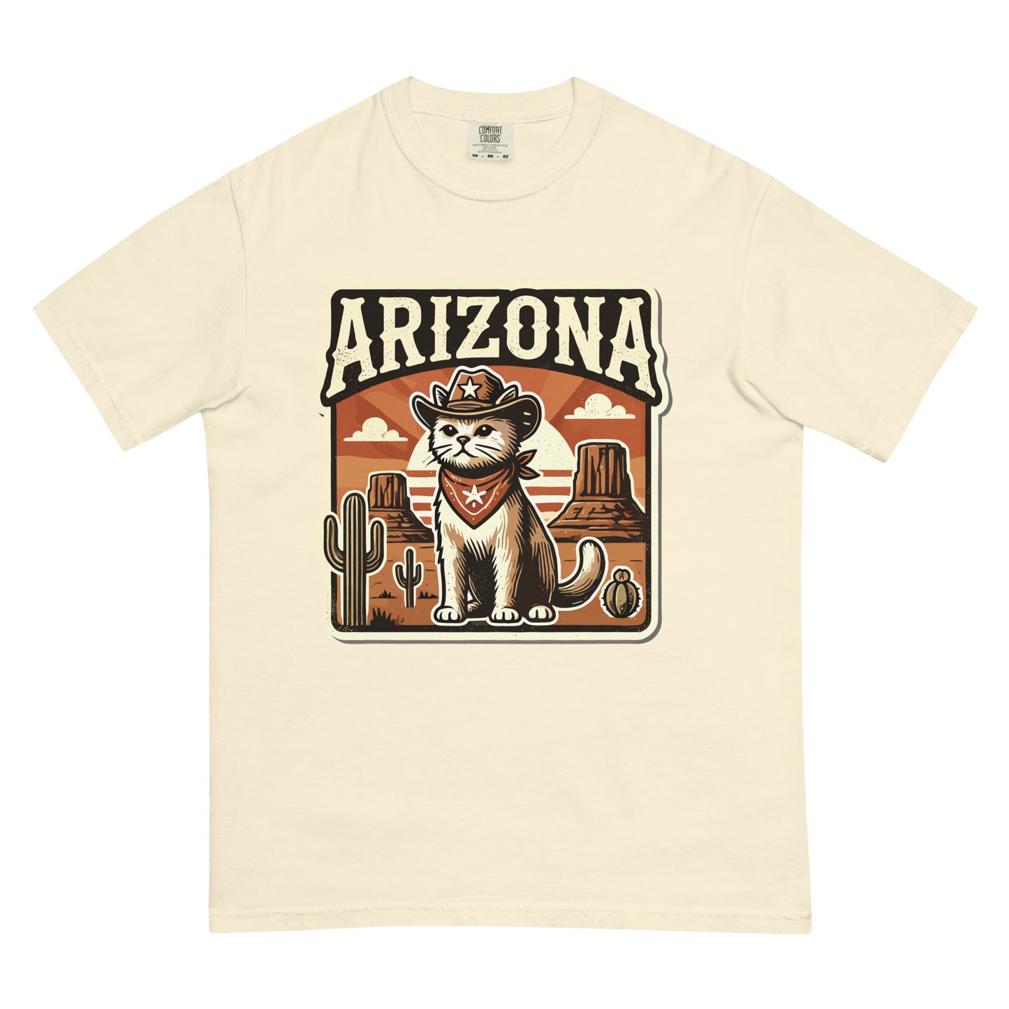 Arizona cat t-shirt with cowboy cat and desert cactus graphic design on cream fabric