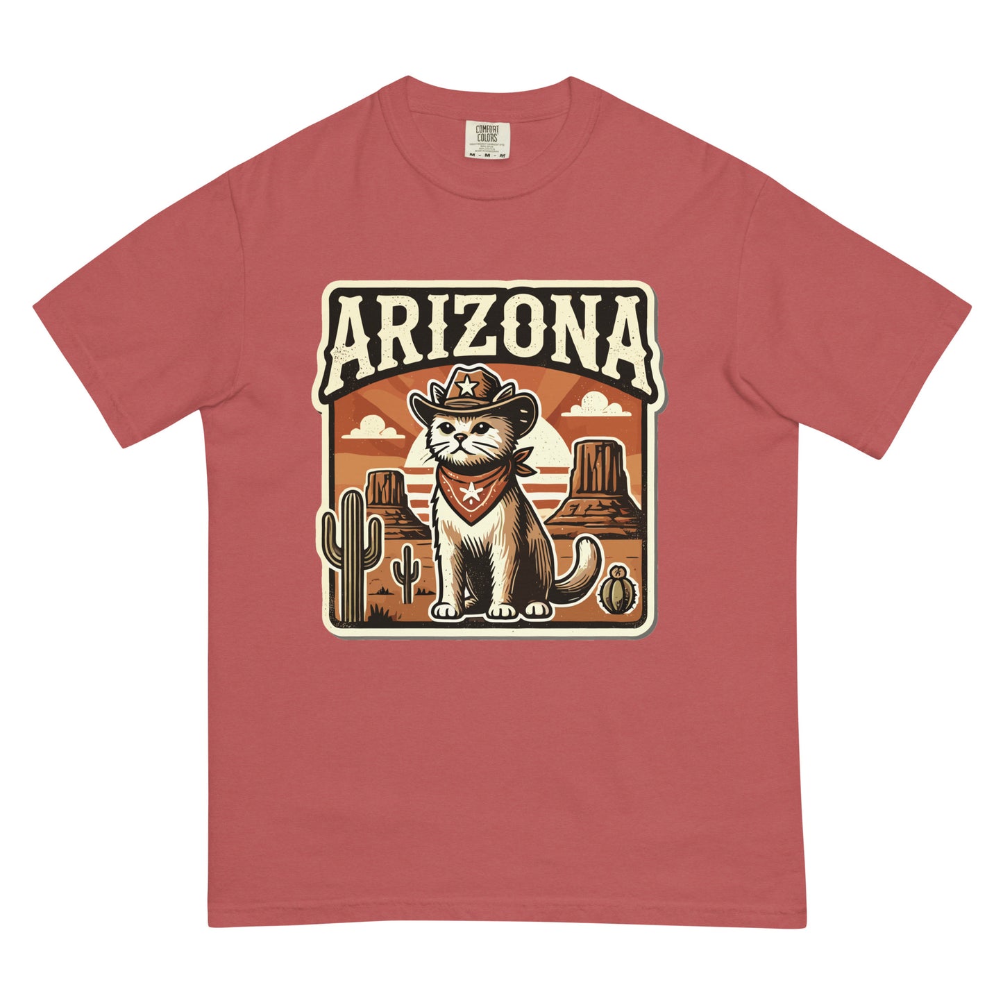 Meowrica Arizona cat t-shirt in rust color featuring a cowboy cat and desert landscape graphic