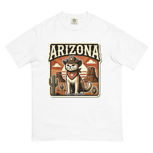 White Arizona cat t-shirt featuring a cat in a cowboy hat and bandana with desert scenery