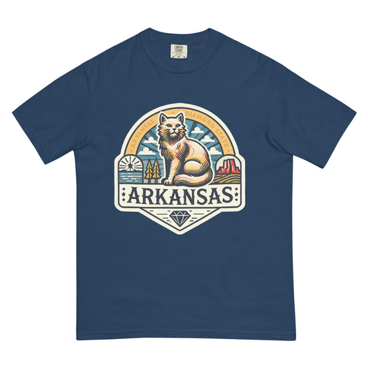 meowrica Arkansas cat shirt in navy blue featuring a cat with Arkansas landscape design