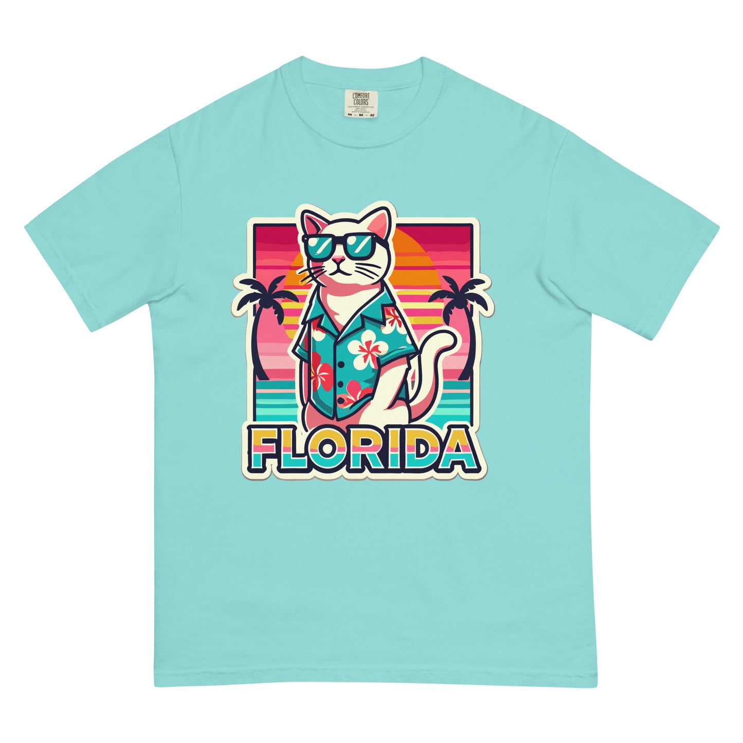 Meowrica blue cat lover Florida shirt with cat wearing sunglasses and Hawaiian shirt design