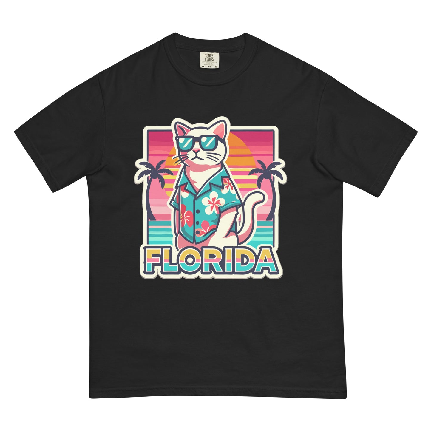 Black cat lover Florida shirt with cool cat wearing sunglasses and tropical shirt graphic