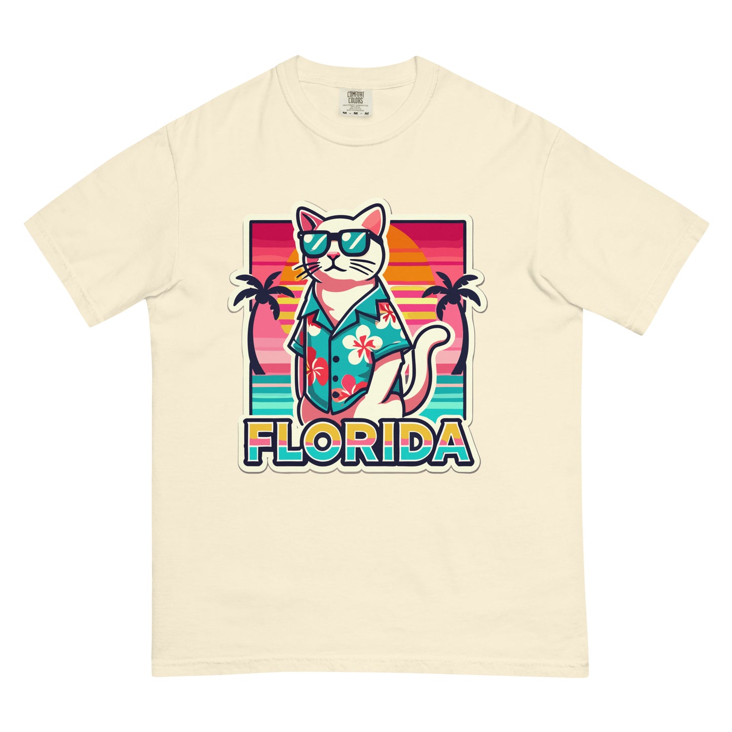 Cat lover Florida shirt featuring a cool cat in sunglasses and a tropical shirt with palm trees