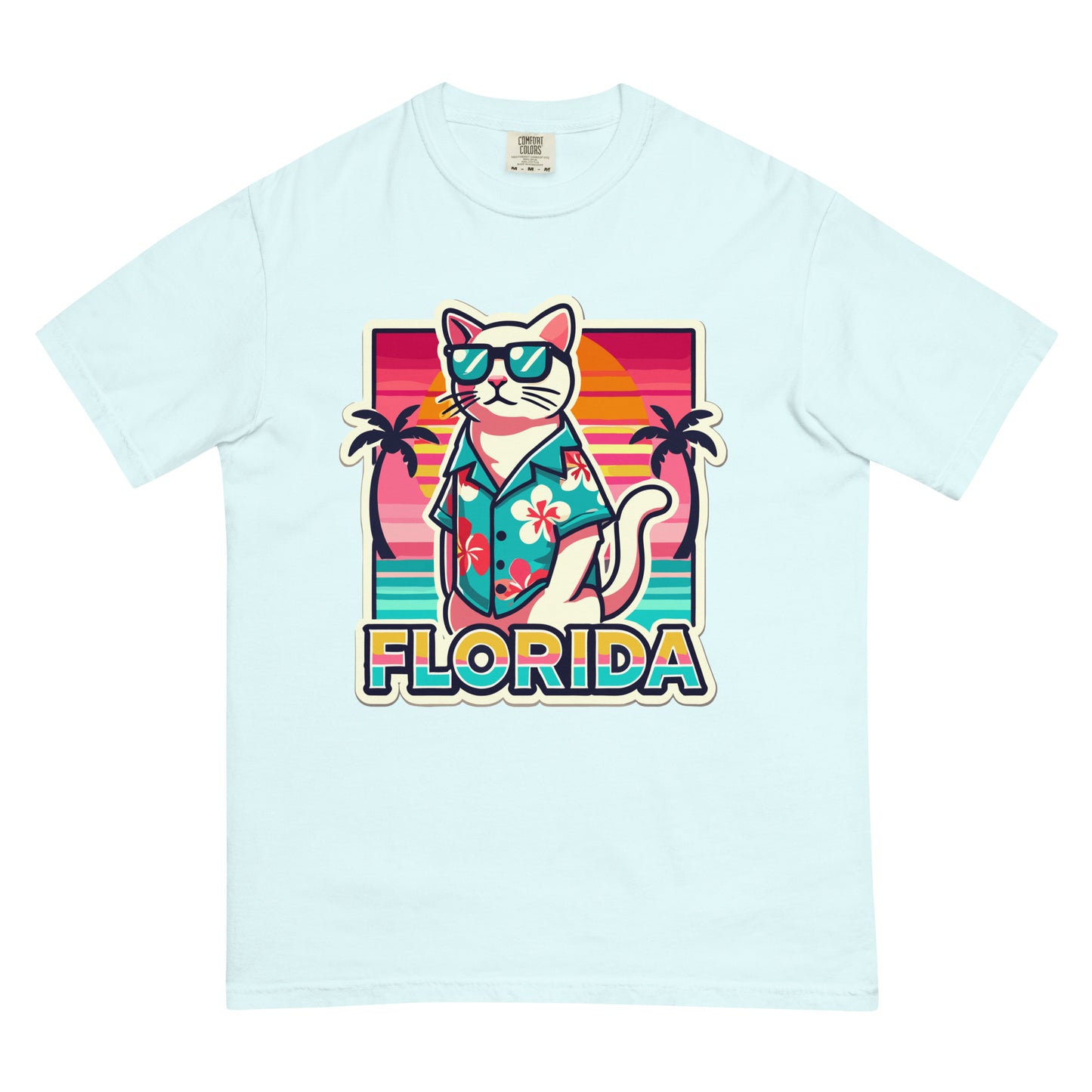 Cat lover Florida shirt with cool cat in sunglasses and Hawaiian shirt against sunset and palm trees