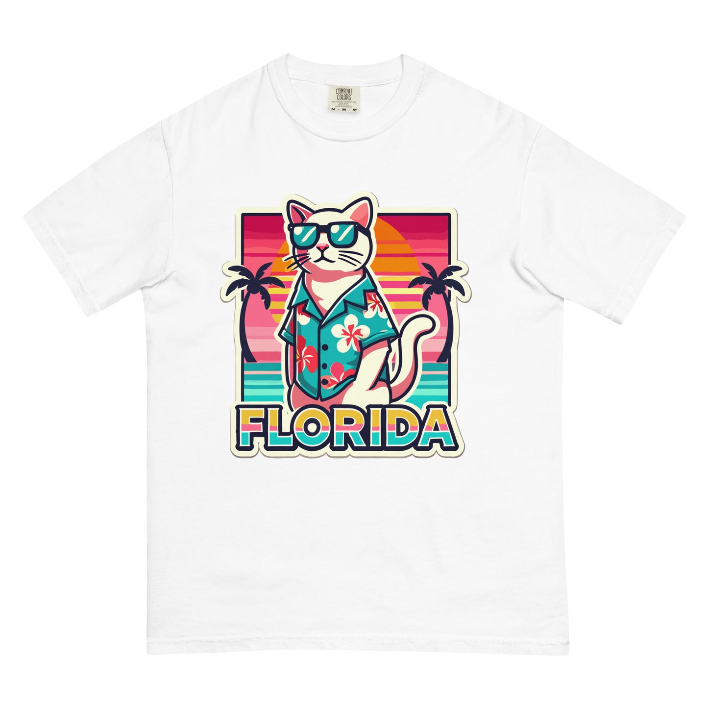 White cat lover Florida shirt featuring a cool cat in sunglasses and a Hawaiian shirt with a sunset background