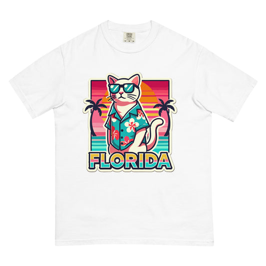 White cat lover Florida shirt featuring a cool cat in sunglasses and a Hawaiian shirt with a sunset background