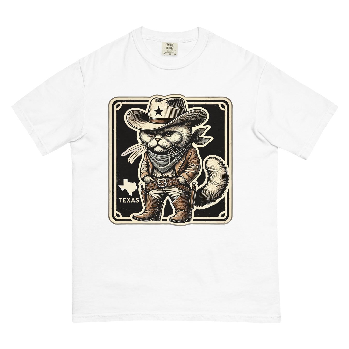White cat lover Texas t-shirt featuring cartoon cat dressed as cowboy with Texas map graphic