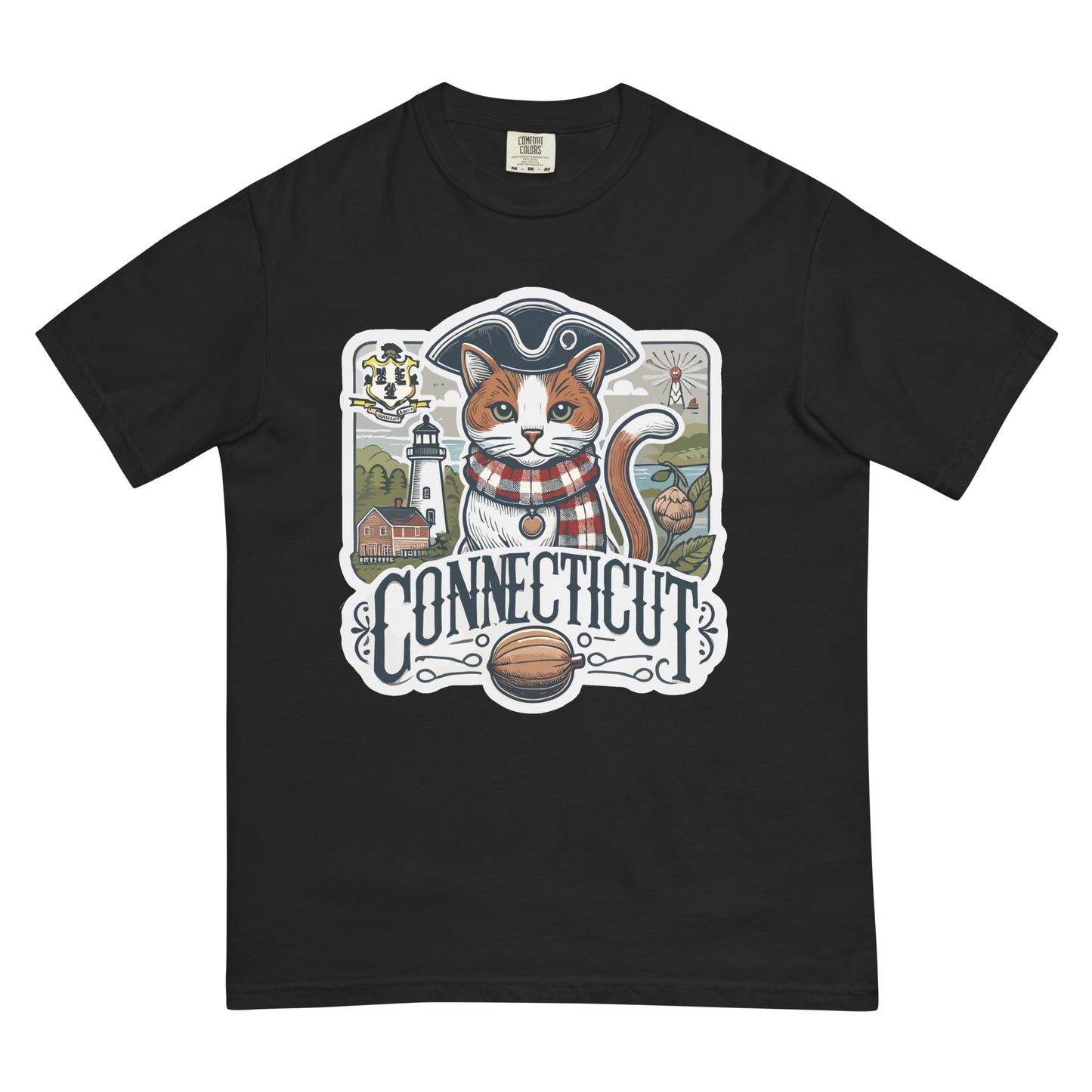 Black Connecticut cat t-shirt featuring a cat in a colonial hat with lighthouse and Connecticut icons