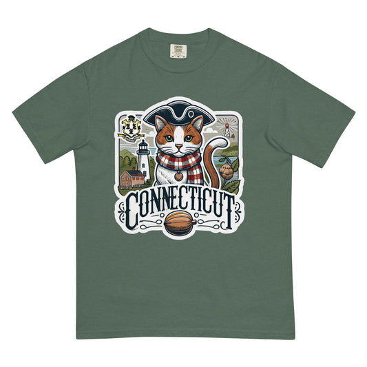 Green Connecticut cat t-shirt featuring a cat in a hat with scenic Connecticut landmarks