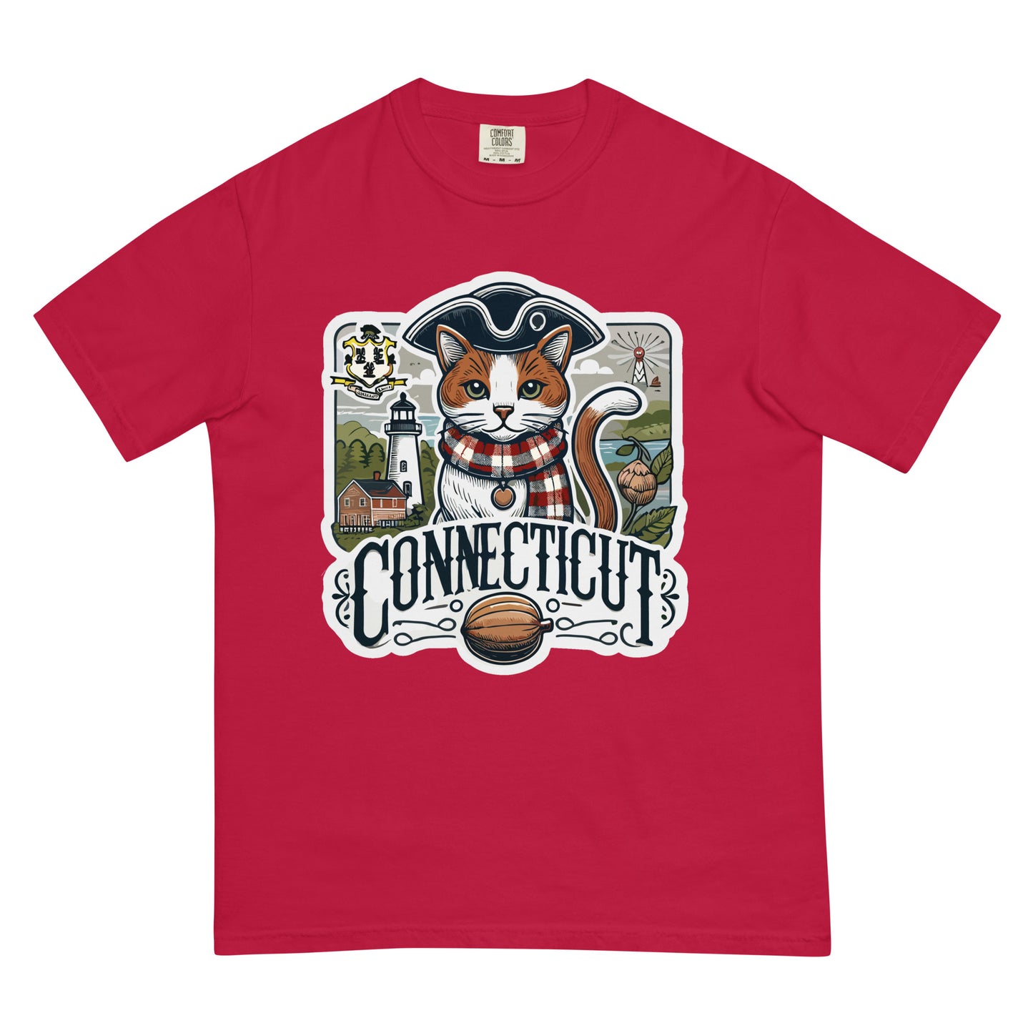 Red Connecticut cat t-shirt featuring a cat in a tricorn hat with lighthouse and state emblem background