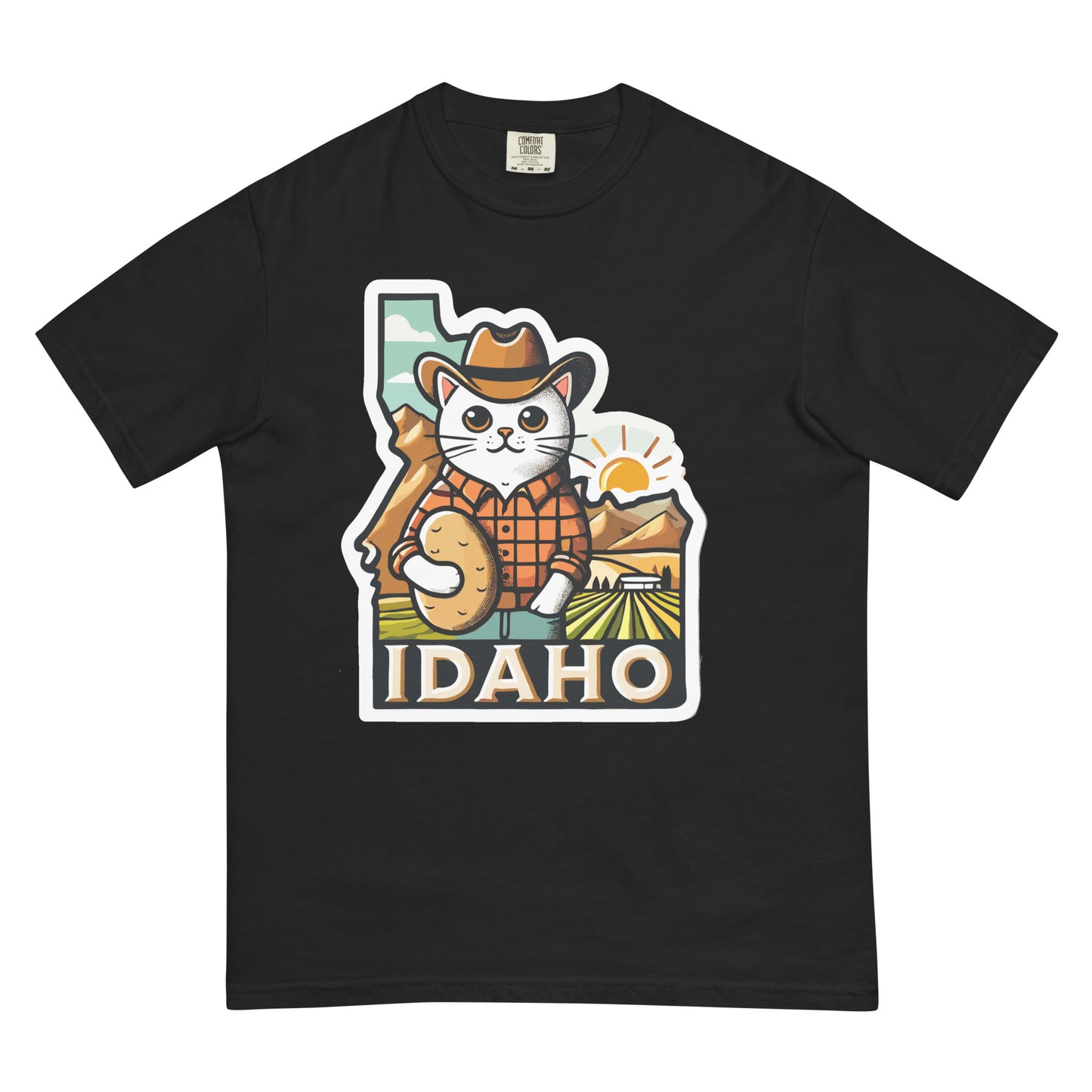 Black Idaho cat shirt with cartoon cat wearing cowboy hat holding potato and Idaho state background