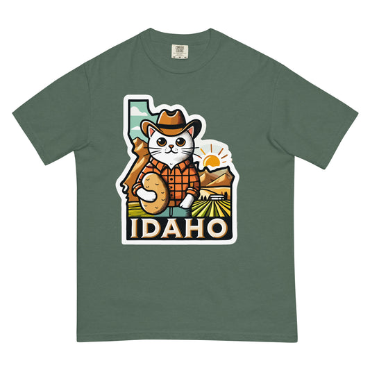 Green t-shirt featuring a cartoon cat in a cowboy hat with Idaho landscape and text Idaho cat shirt