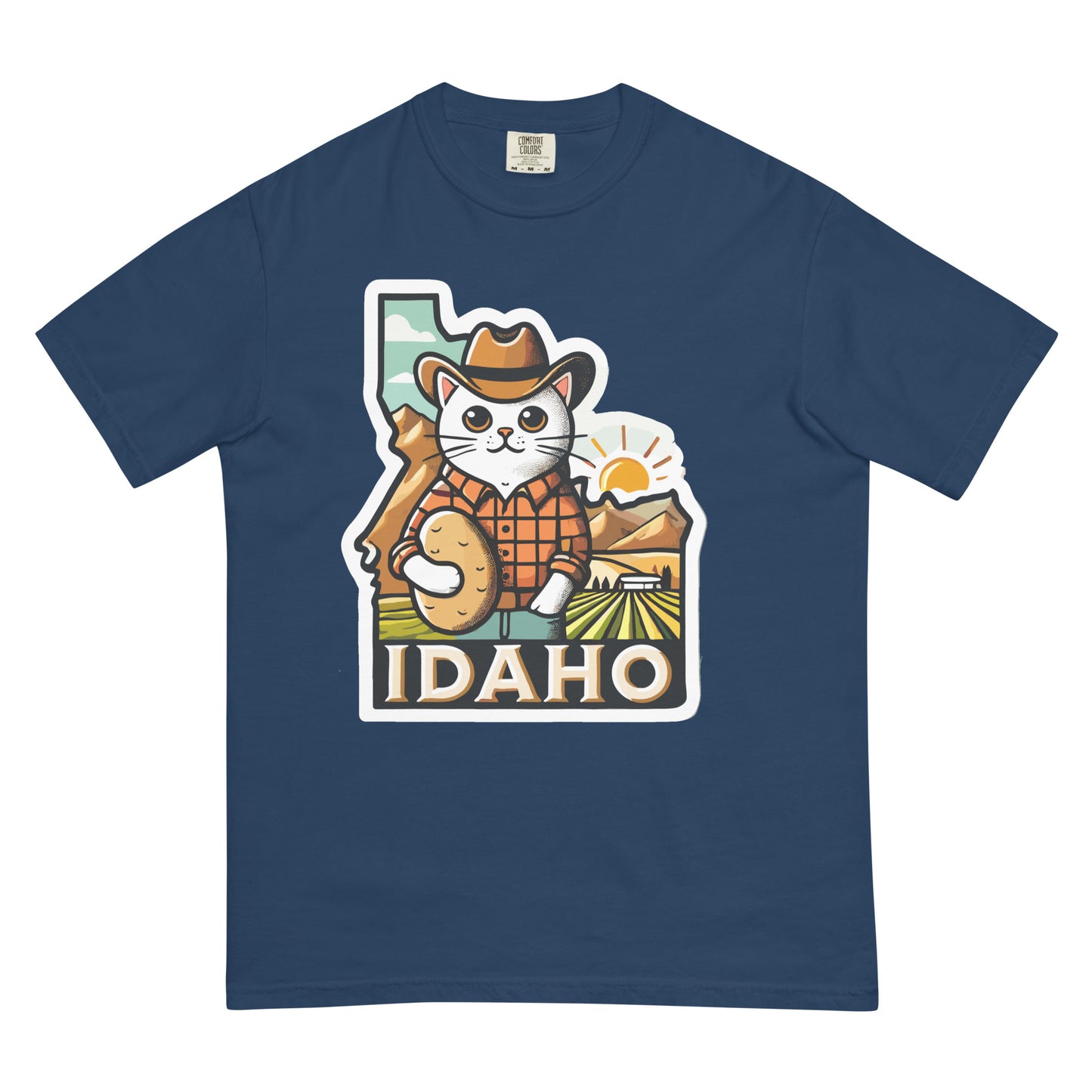 Navy blue Idaho cat shirt featuring a cat in cowboy hat and plaid shirt holding a potato with Idaho landscape background