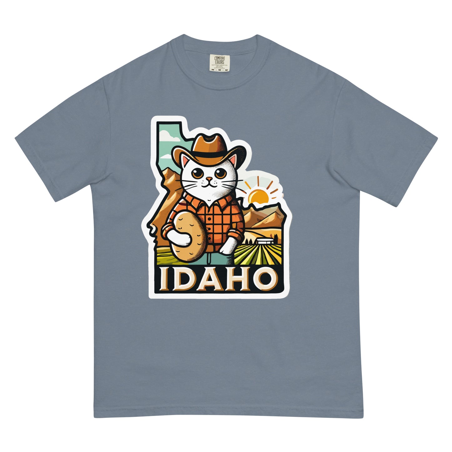 Meowrica Idaho cat shirt featuring a cat in a cowboy hat with potato and Idaho landscape