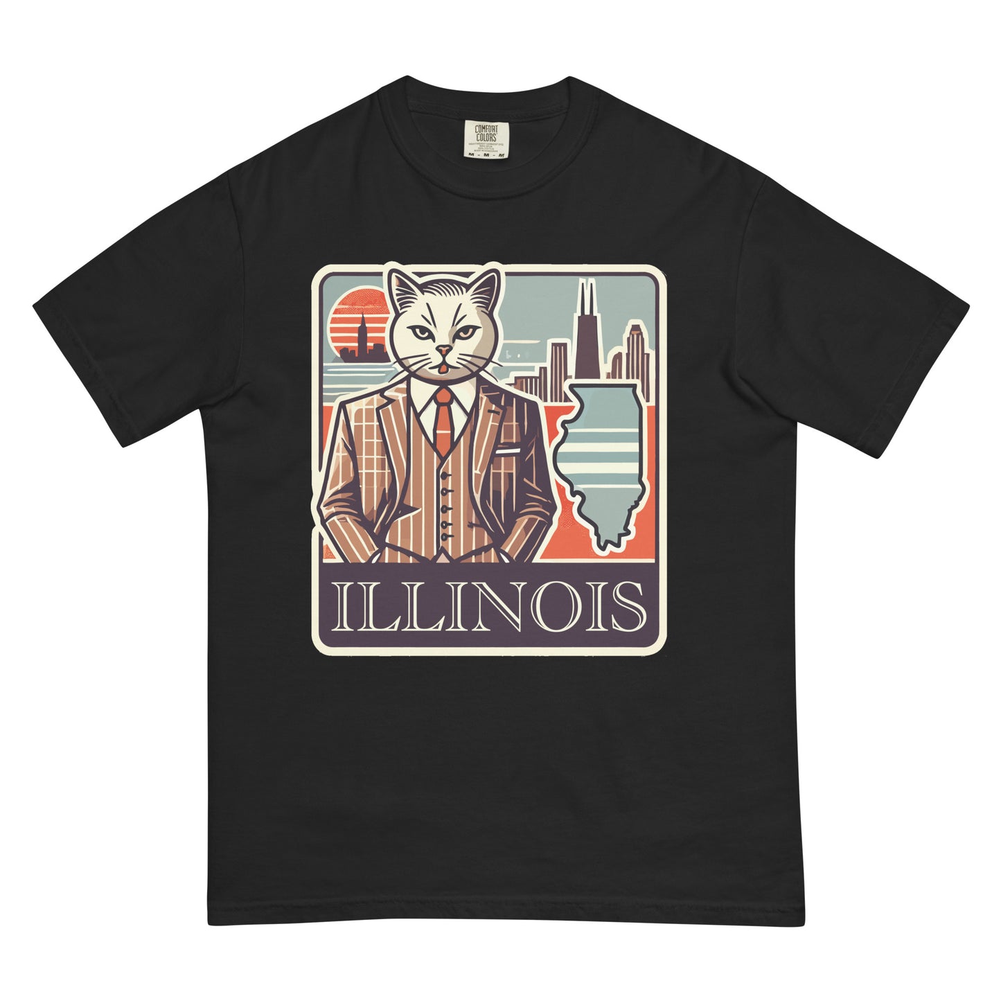 Black Illinois cat t-shirt featuring a stylish cat in a suit with Illinois skyline and state outline