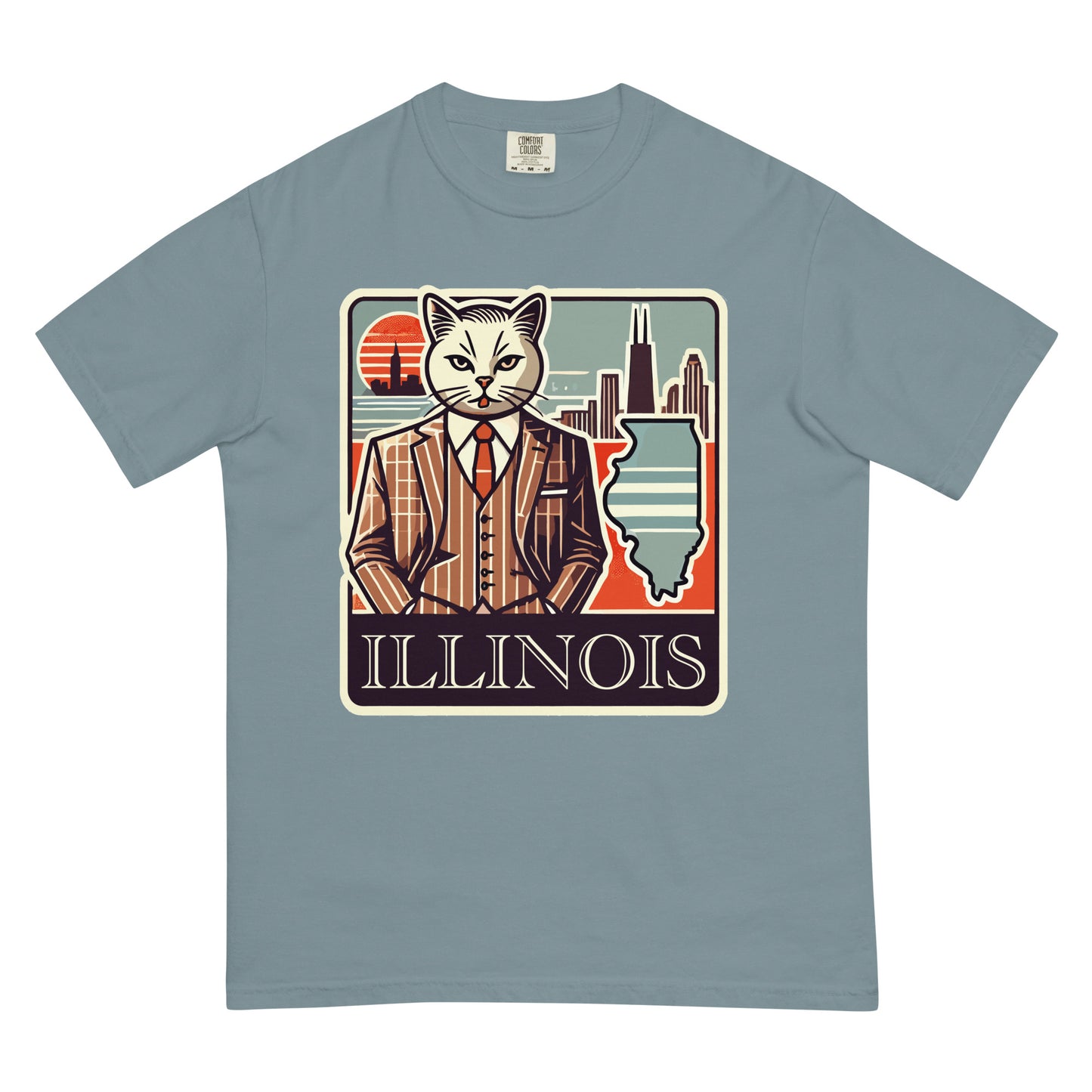 Illinois cat t-shirt featuring a cat in a suit with Illinois state outline and city skyline