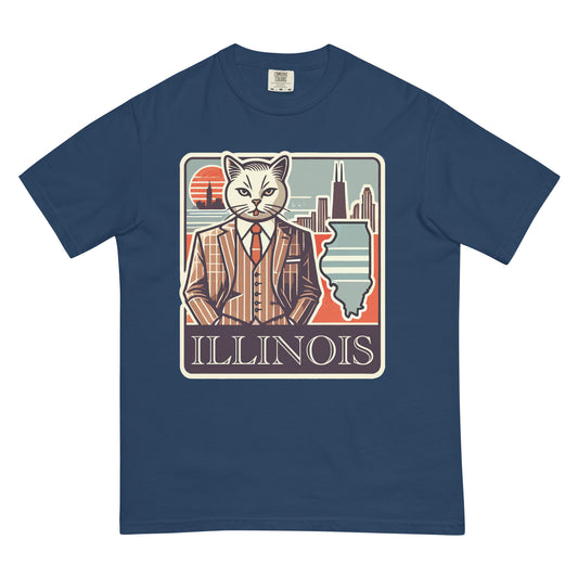 Illinois cat t-shirt in navy blue featuring a cat in a suit with Illinois skyline and state outline