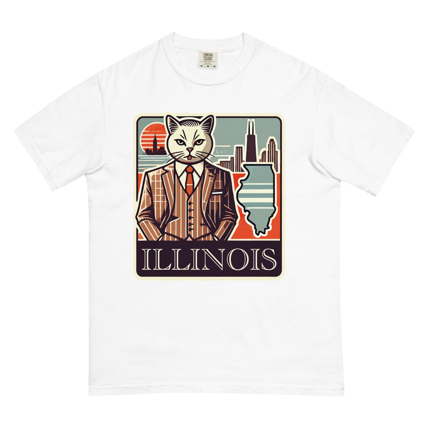 White Illinois cat t-shirt featuring a cat in a suit with Illinois skyline and state map design