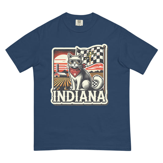Navy blue Indiana cat shirt featuring a cool cat with sunglasses and a checkered flag design