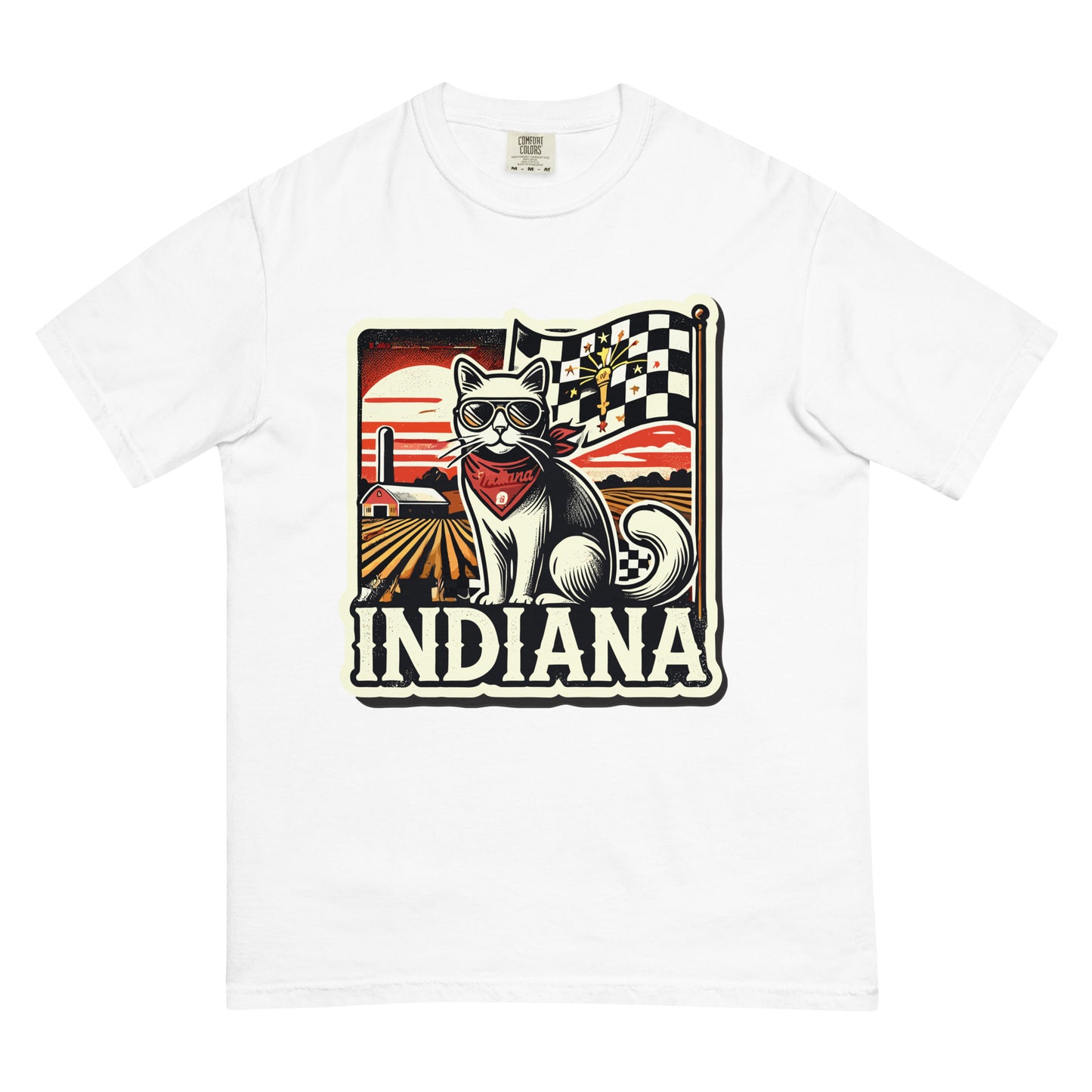 White Indiana cat shirt featuring a cool cat with sunglasses and a checkered flag design