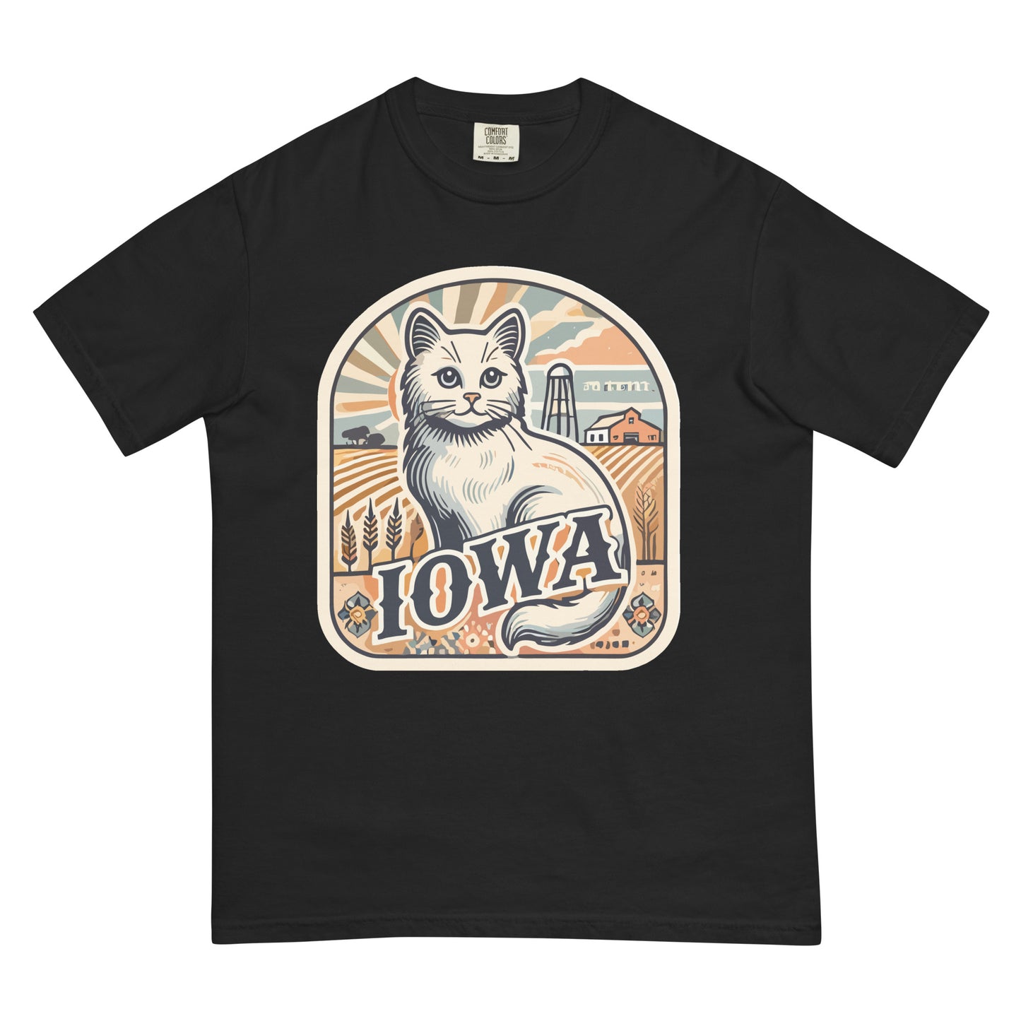 Black Iowa cat t-shirt featuring a vintage-style white cat with Iowa farmland background