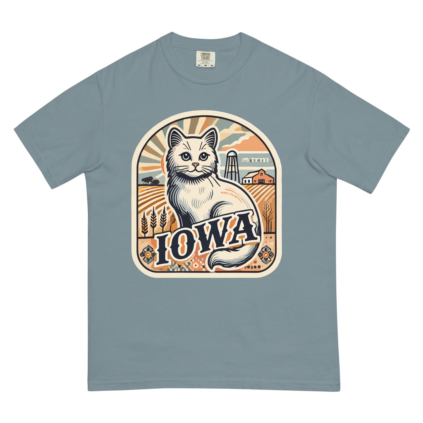 Meowrica Iowa cat t-shirt in blue with vintage farm scene and white cat graphic