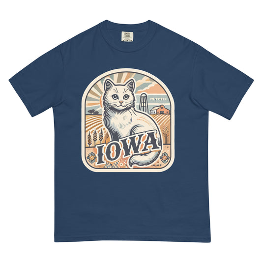 Blue Iowa cat t-shirt featuring a white cat with an Iowa farm background and bold Iowa text