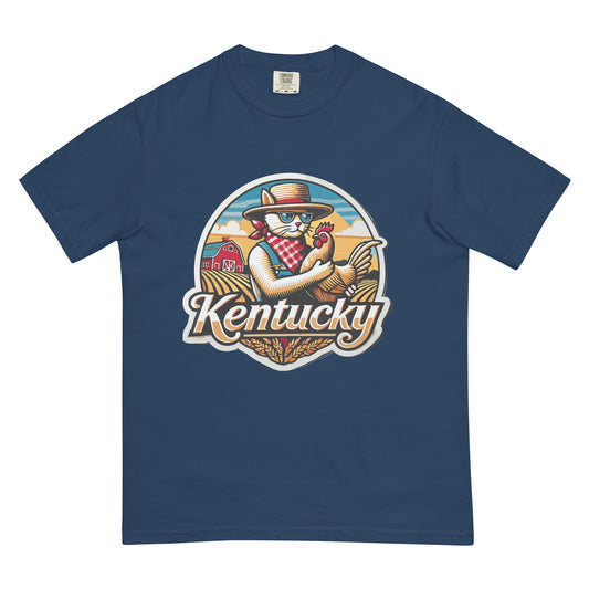 Kentucky cat t-shirt by meowrica featuring a cat farmer holding a chicken with a barn background