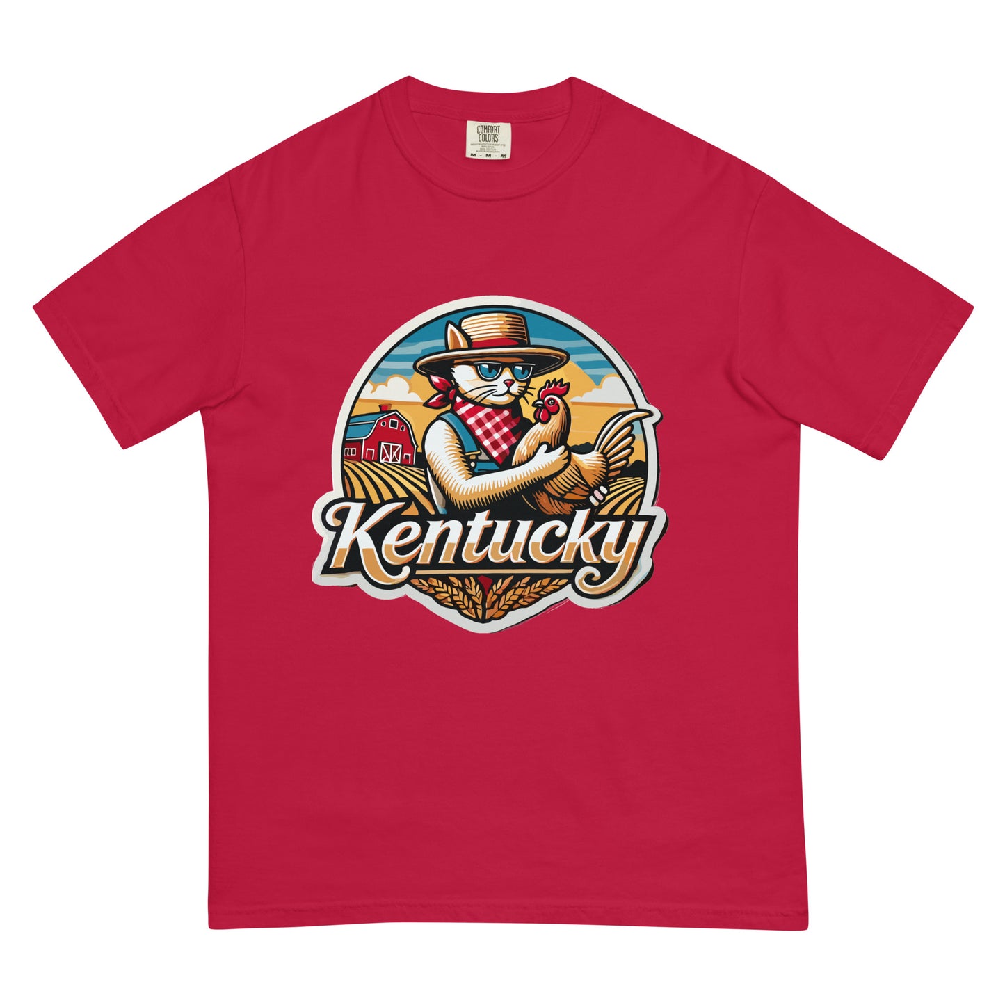 Red Kentucky cat t-shirt featuring a cat farmer holding a chicken with a barn background