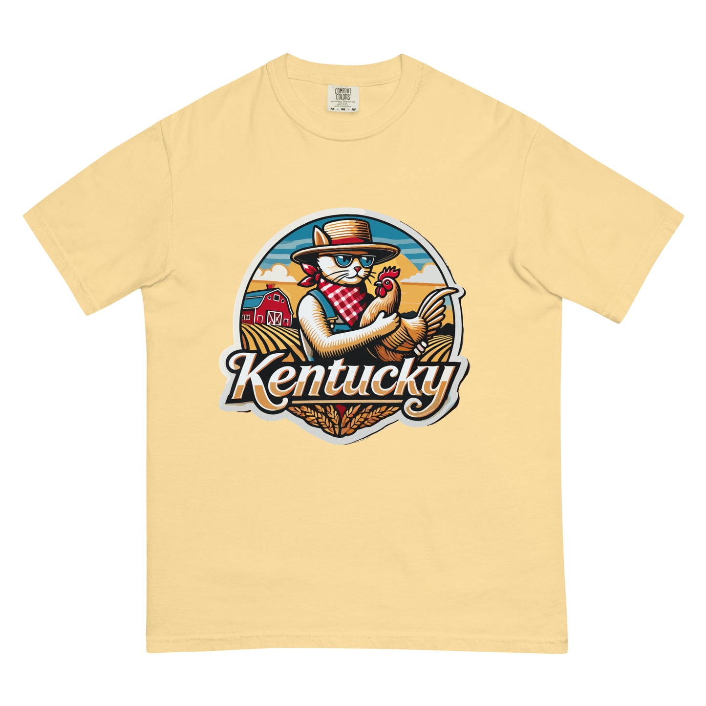Beige Kentucky cat t-shirt with graphic of cat farmer holding a chicken and Kentucky text