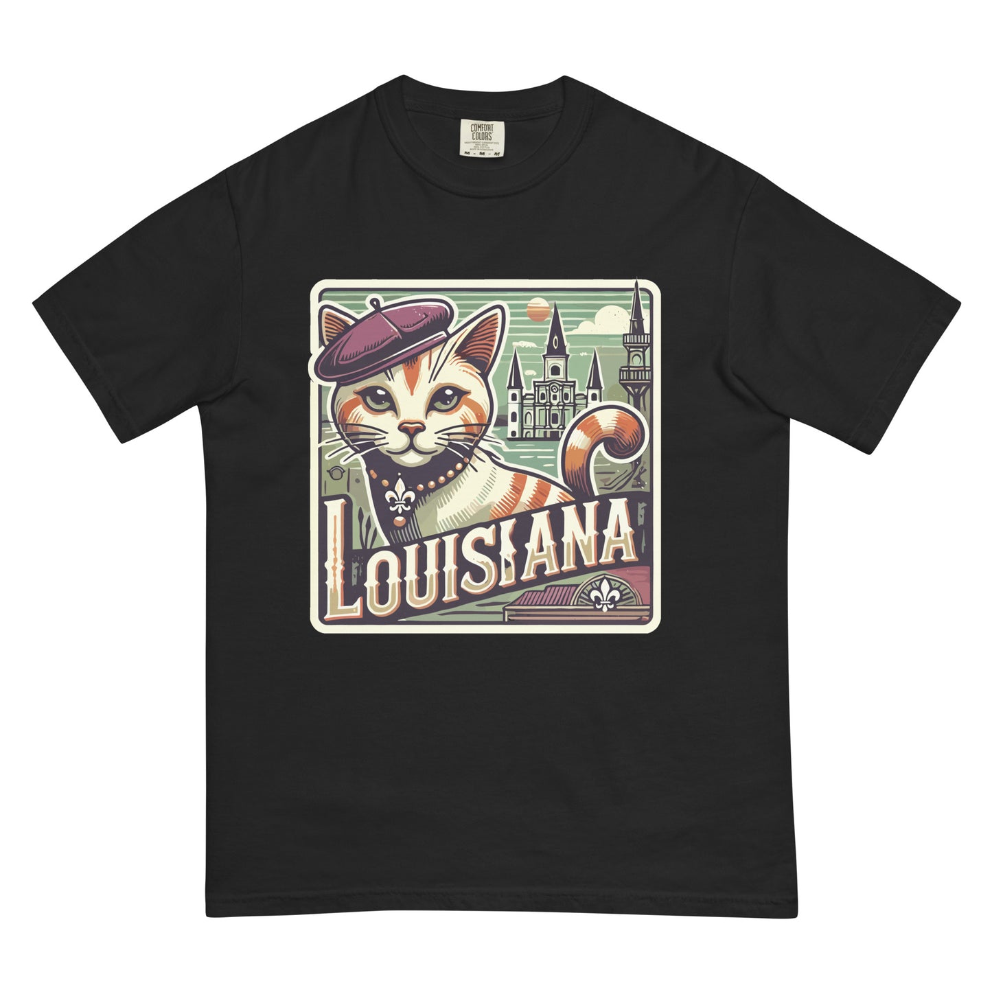 Black Louisiana cat t-shirt featuring a cat with a beret and Louisiana landmarks graphic
