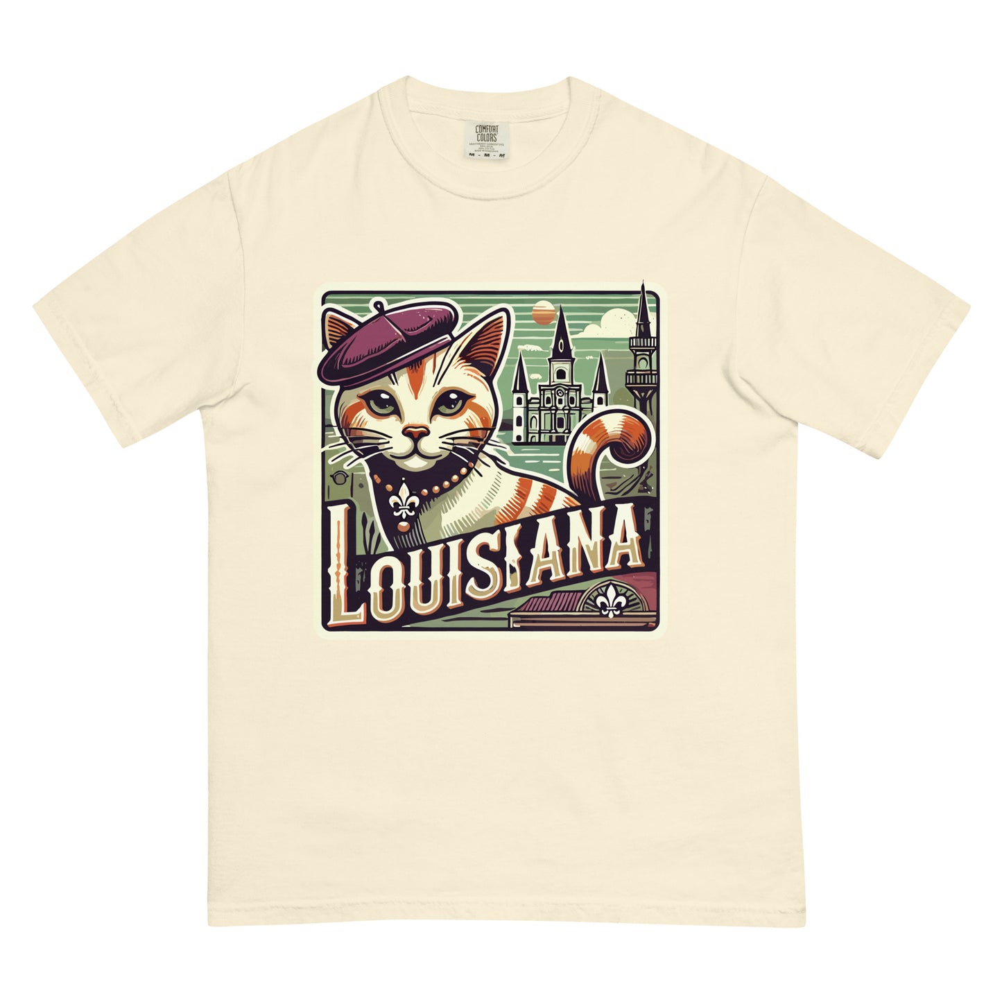Ivory Louisiana cat t-shirt featuring a cartoon cat with a beret and Louisiana-themed background