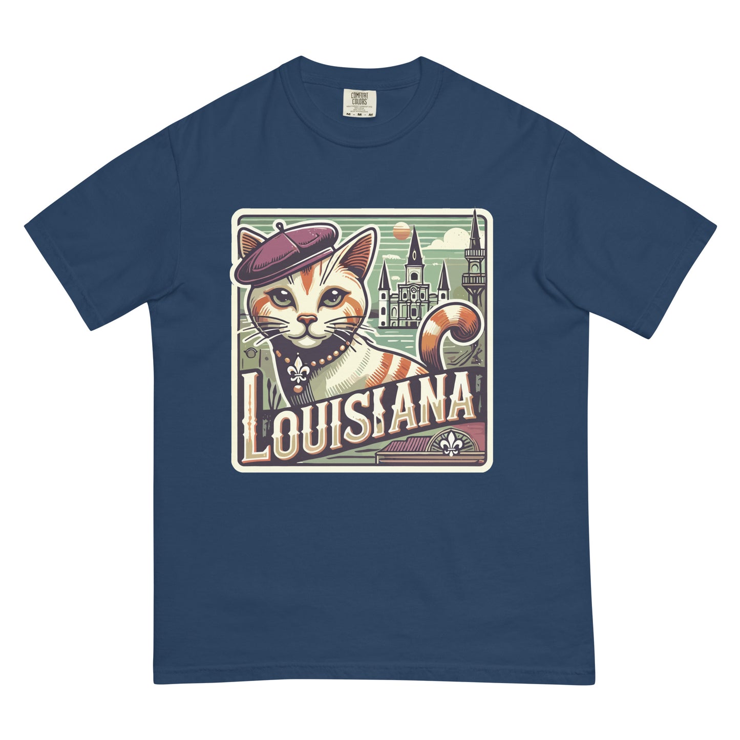 Blue Louisiana cat t-shirt featuring a cat in a beret with Louisiana-themed background design
