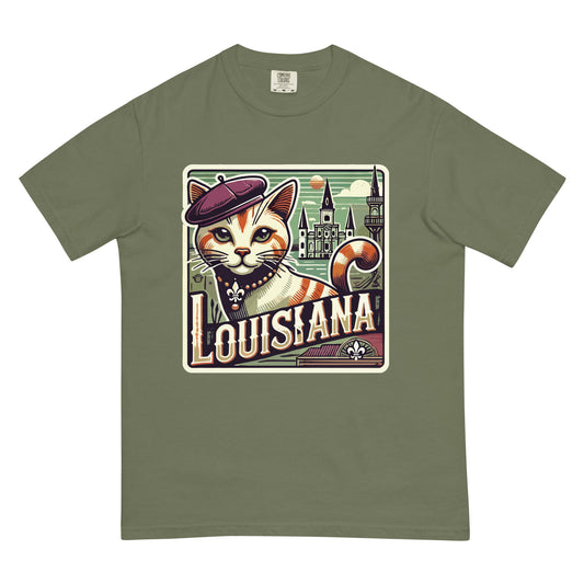 Olive green Louisiana cat t-shirt featuring a cat wearing a beret with Louisiana landmarks background