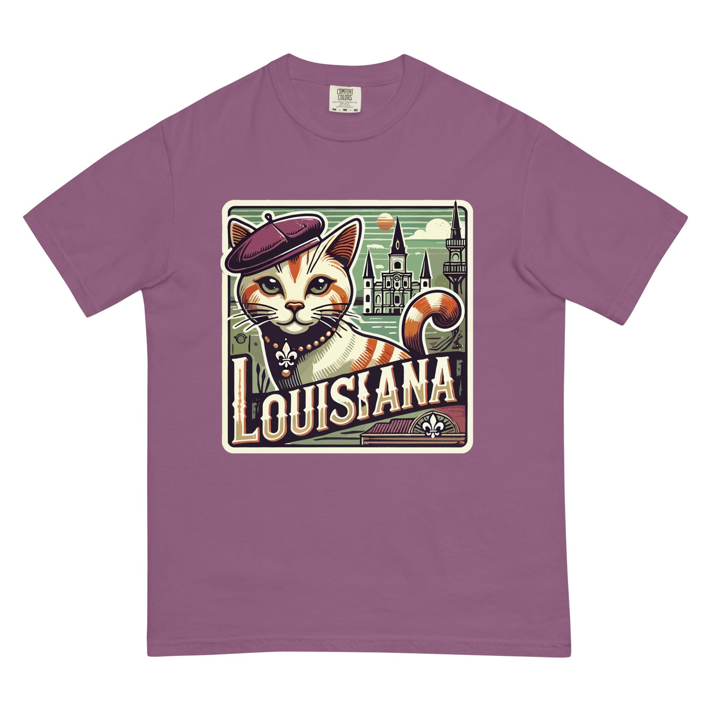 Purple Louisiana cat t-shirt featuring a cat wearing a beret with Louisiana landmarks background