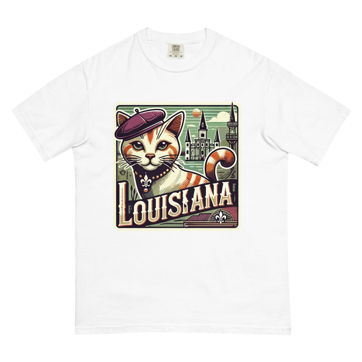 White Louisiana cat t-shirt featuring a cartoon cat with a beret and Louisiana-themed background