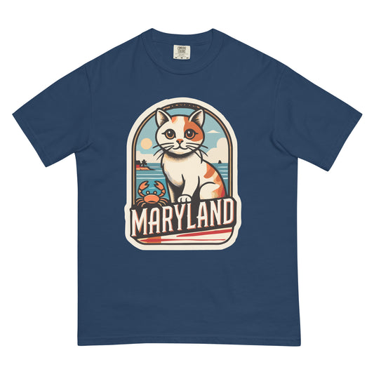 Blue Maryland cat t shirt featuring a cute calico cat and crab near the ocean with Maryland text