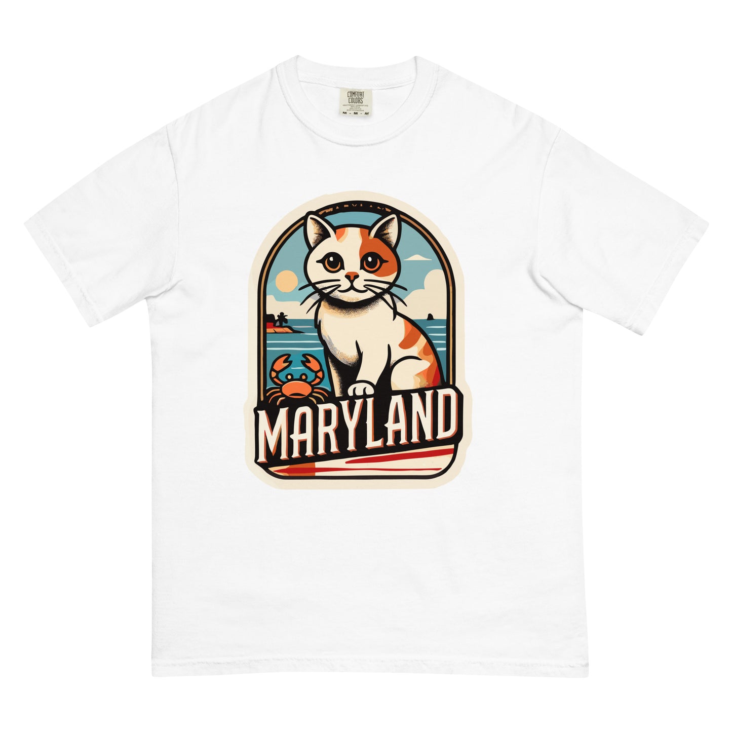 White Maryland cat t shirt with graphic of a cat and crab by the ocean from meowrica