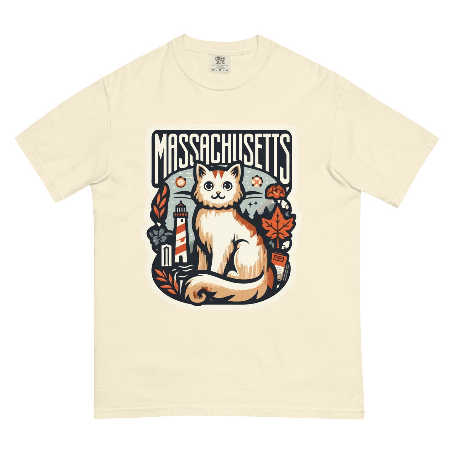 Massachusetts cat t-shirt featuring a cute cat with lighthouse and autumn leaves design