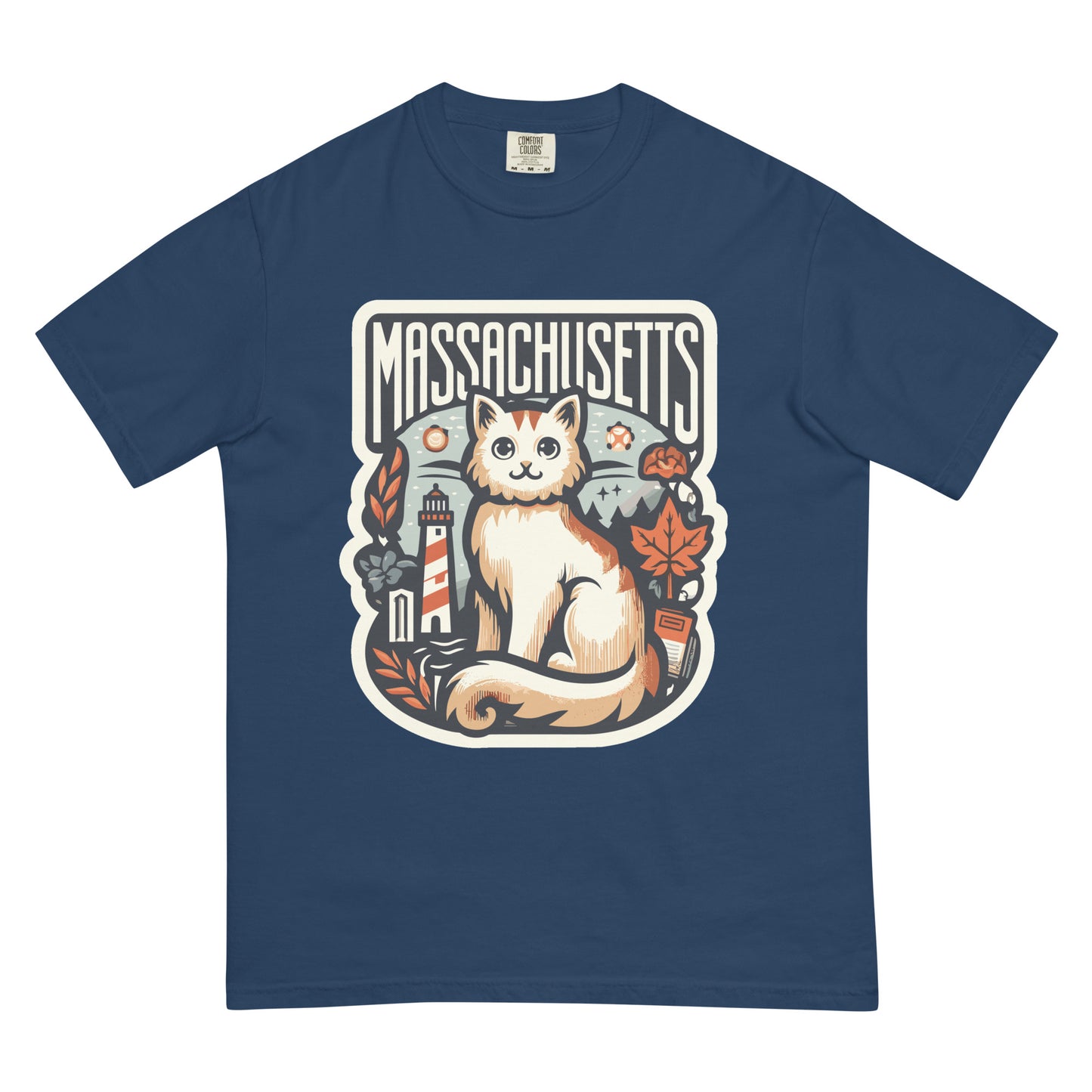 Massachusetts cat t-shirt in navy blue with a graphic of a cat, lighthouse, and autumn leaves