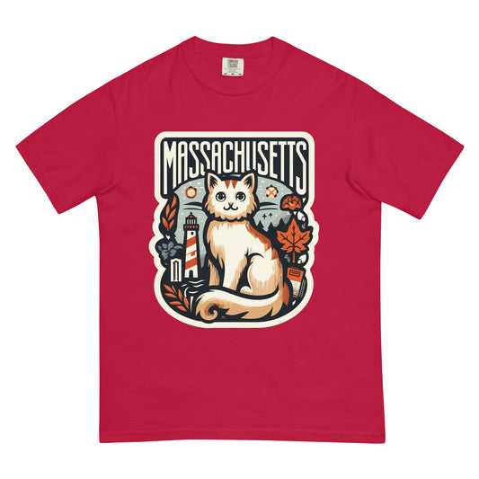 Red Massachusetts cat t-shirt featuring a cute cat with lighthouse and autumn leaves design