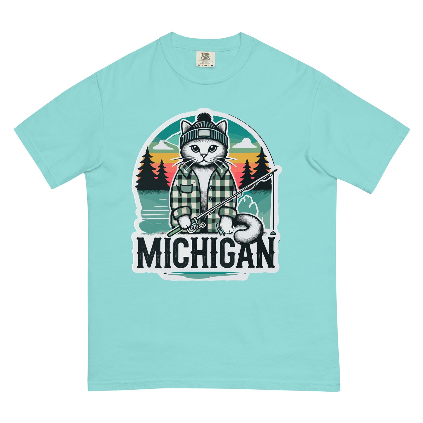 Light blue Michigan cat t-shirt with graphic of a cat fishing in a sunset forest scene